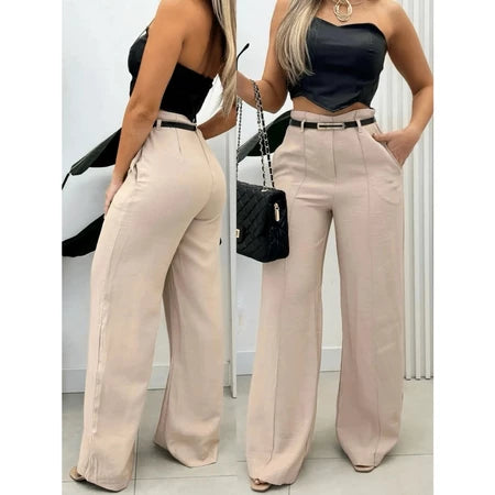 Calça Social Alfaiataria Pantalona Feminina Cintura Alta com Cinto e Zíper Lateral