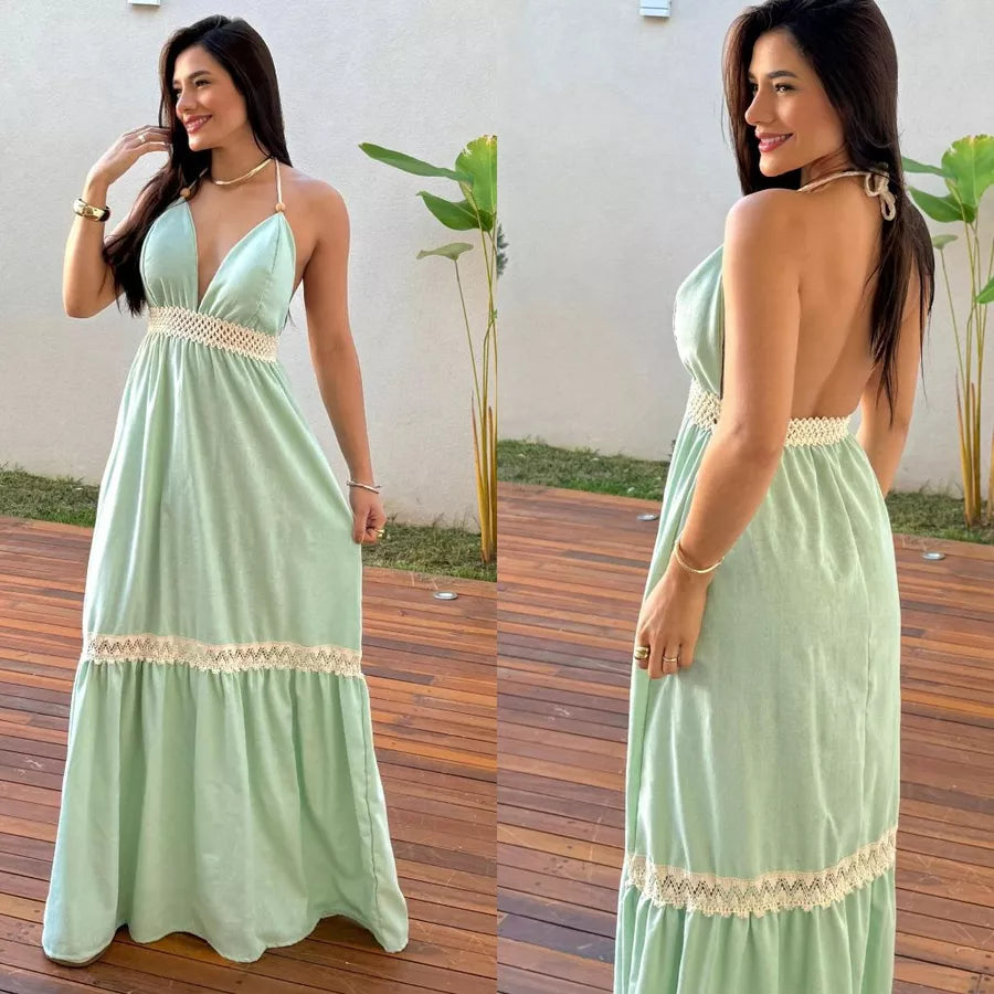 Vestido Longo de Linho e Algodão