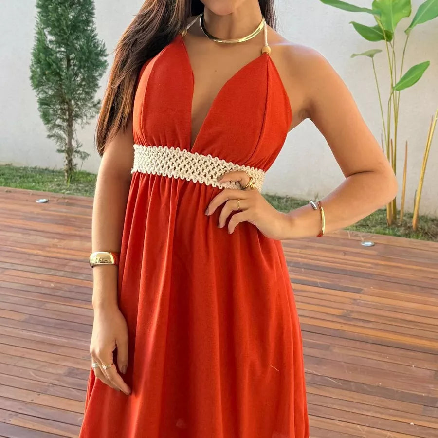 Vestido Longo de Linho e Algodão