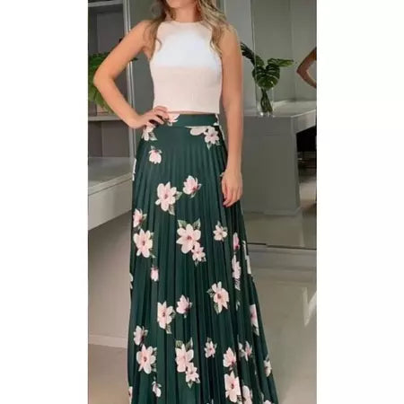 Saia Plissada Longa Elegante Cintura Alta