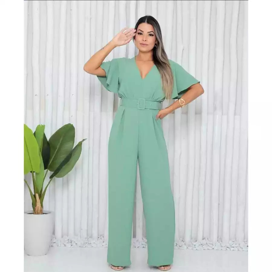Macacão Longo Pantalona Feminino com Cinto Removível