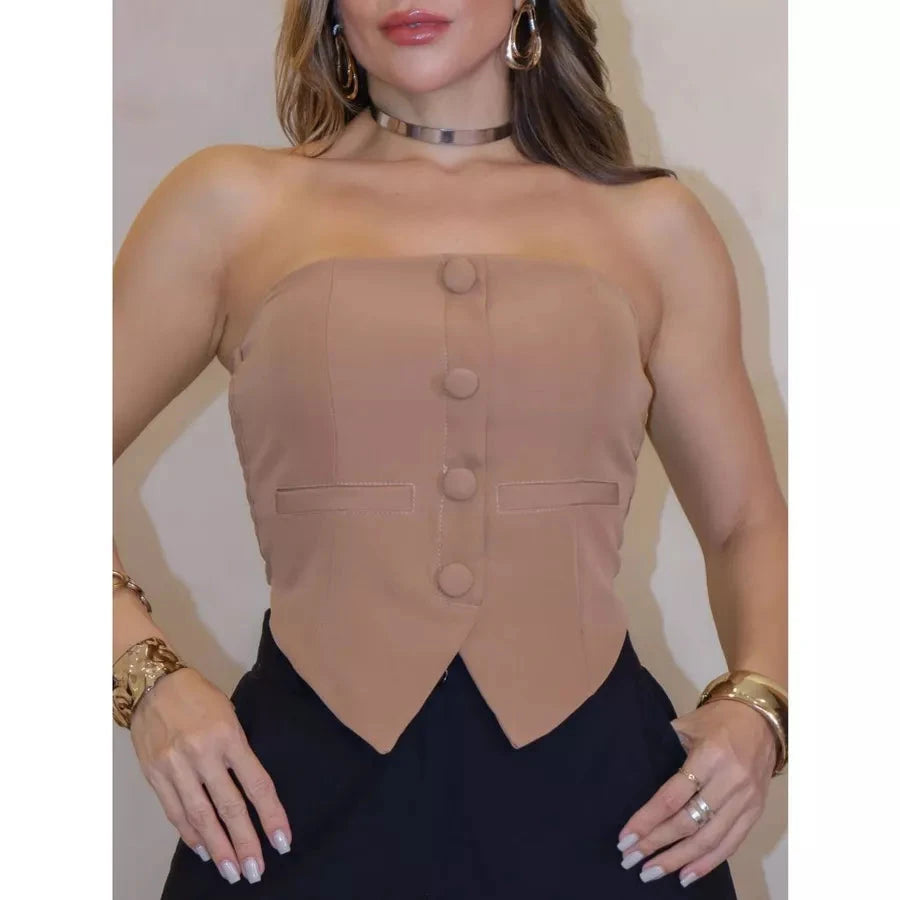 Cropped Sem Alça com Elastex Posterior em Alfaiataria Simples Glamour