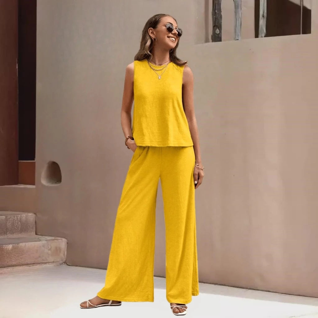 Conjunto Feminino Elegante Casual Top Tank e Calça de Pernas Largas