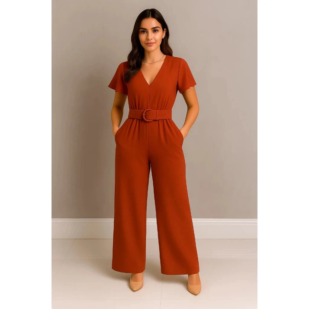 Macacão Longo Pantalona Feminino com Cinto Removível Simples Glamour