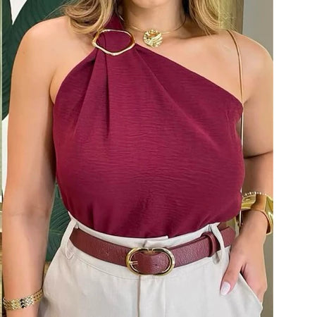 Blusa Feminina Duna Premium – Um Ombro Só com Manga Mula Manca e Fivela Dourada
