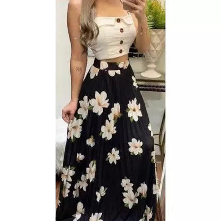 Saia Plissada Longa Elegante Cintura Alta