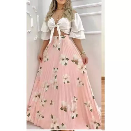 Saia Plissada Longa Elegante Cintura Alta