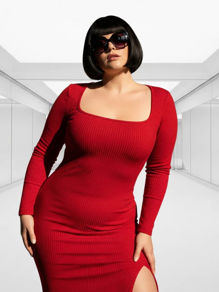 Vestido Midi RIBANA Manga Longa com Fenda Lateral