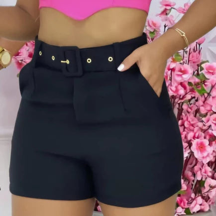 Short Feminino em Linho com Cinto Forrado e Zíper Lateral