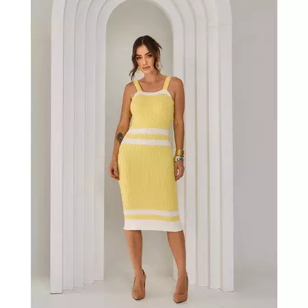 Vestido Midi Tricot Alcinha Regata Canelado Listrado