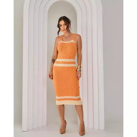 Vestido Midi Tricot Alcinha Regata Canelado Listrado