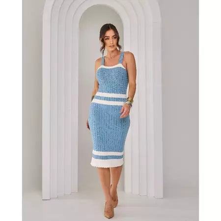 Vestido Midi Tricot Alcinha Regata Canelado Listrado
