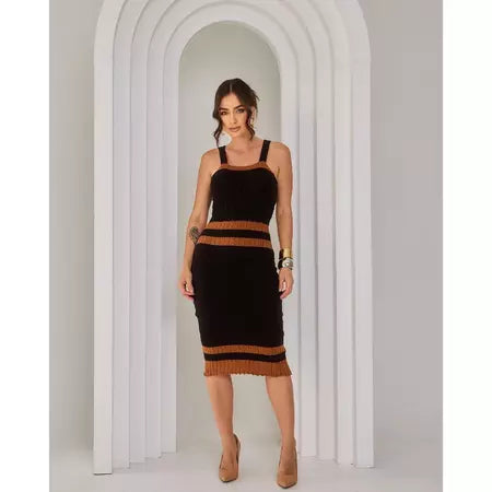 Vestido Midi Tricot Alcinha Regata Canelado Listrado