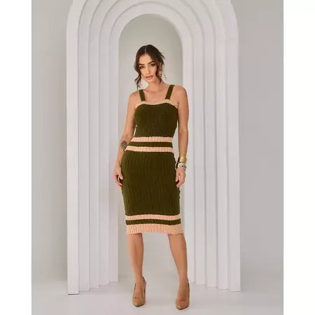 Vestido Midi Tricot Alcinha Regata Canelado Listrado