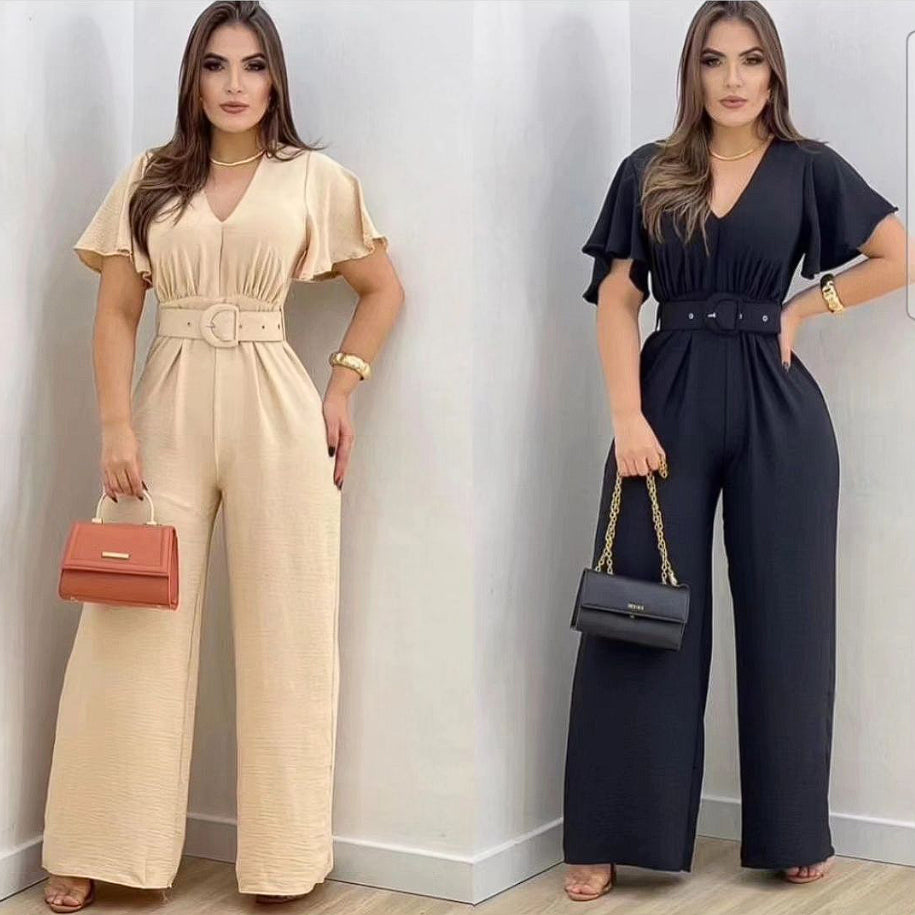 Macacão Longo Pantalona Feminino com Cinto Removível