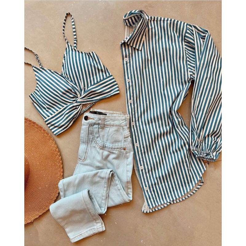 Conjunto Cropped com Bojo e Chemise Listrada