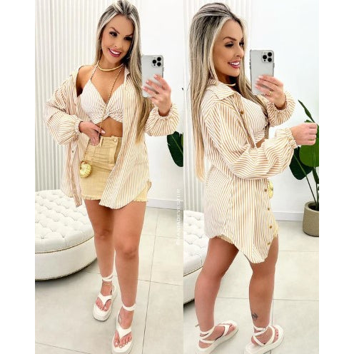 Conjunto Cropped com Bojo e Chemise Listrada