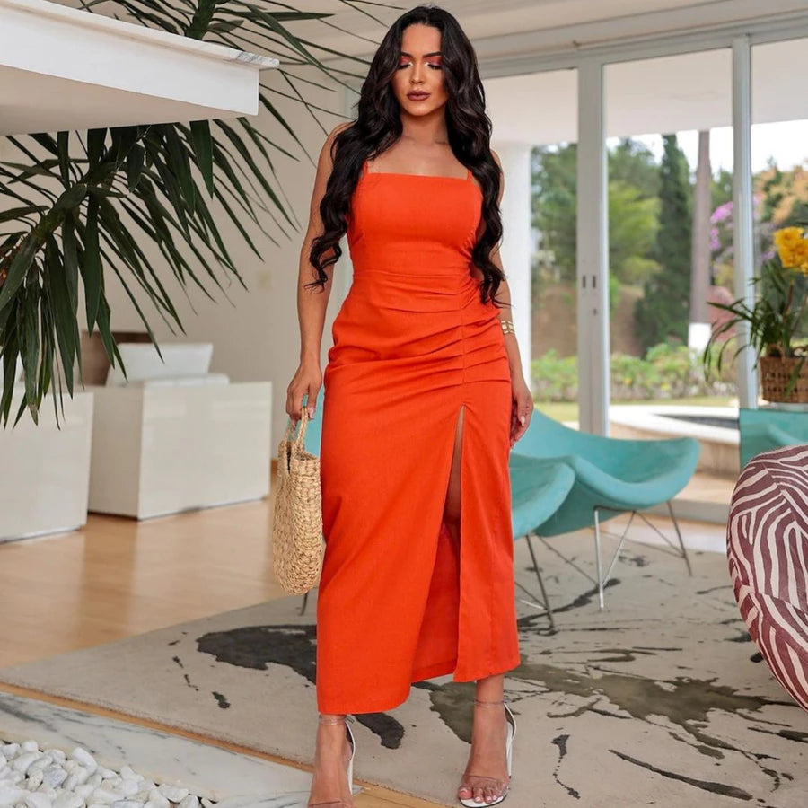 Vestido Midi Linho Feminino Luxo Amarração nas Costas Drapeado C/ Alcinha Verão