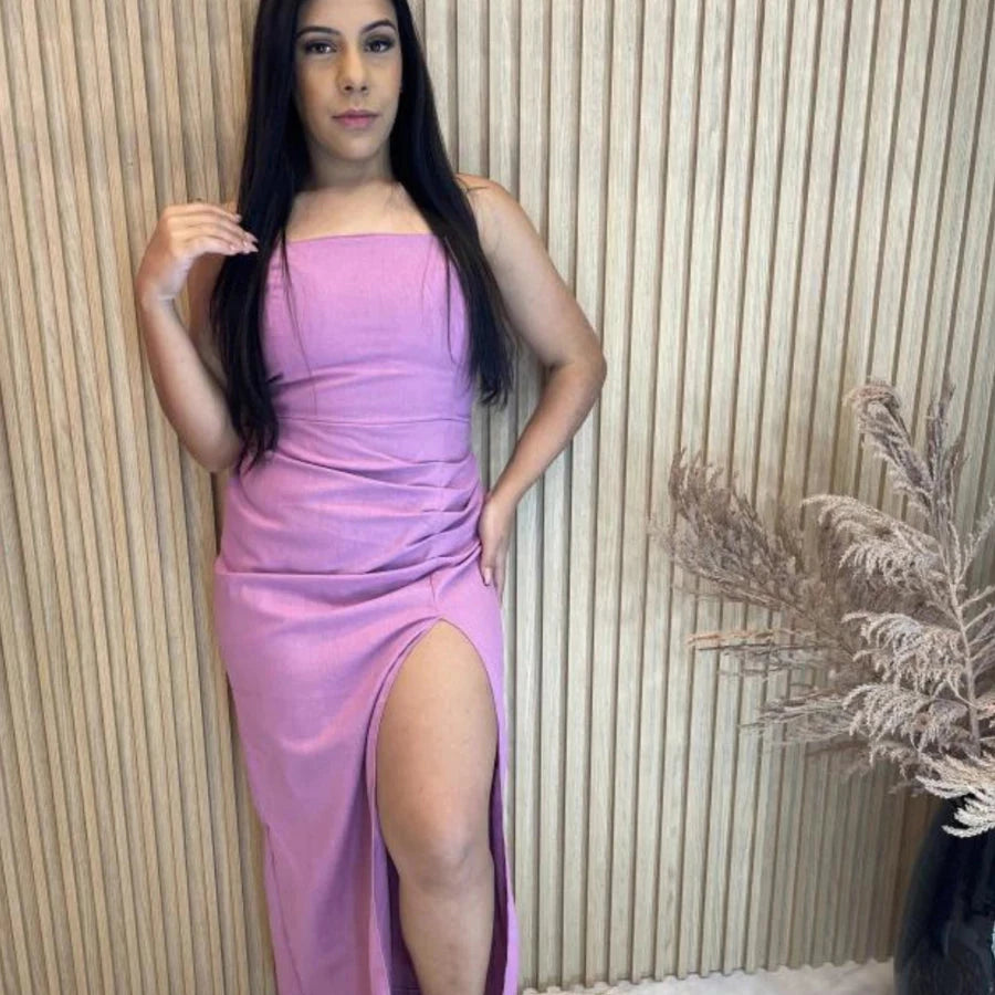 Vestido Midi Linho Feminino Luxo Amarração nas Costas Drapeado C/ Alcinha Verão Simples Glamour