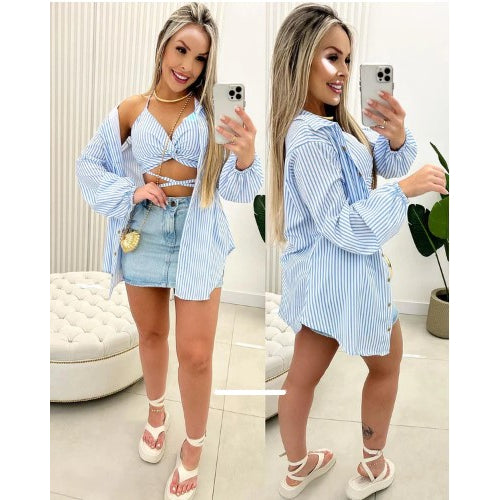 Conjunto Cropped com Bojo e Chemise Listrada