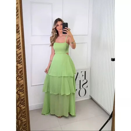 Vestido Longo Feminino de Alça – Chiffon, Babados e Amarração nas Costas