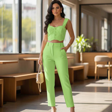 Conjunto Alfaiataria Fabiane – Cropped Top + Calça Feminina