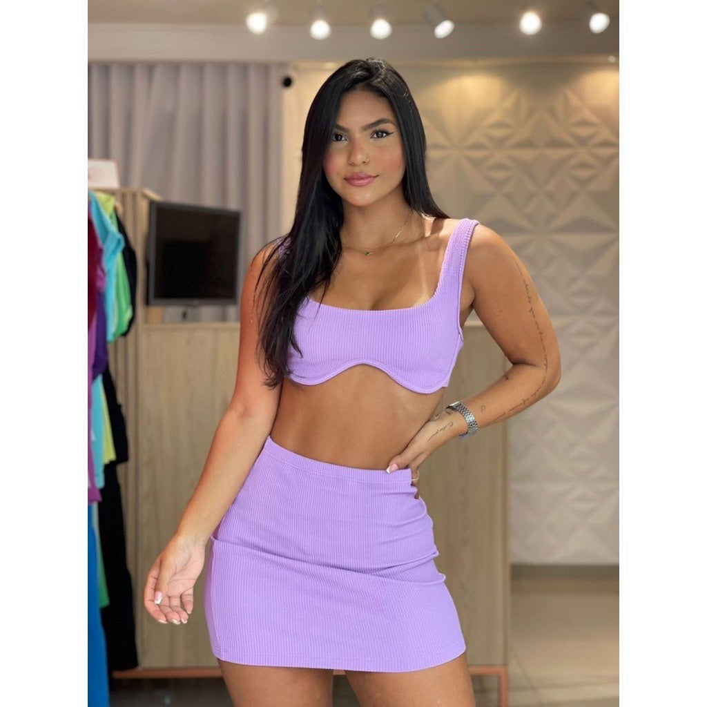 Conjunto Feminino Biker Cropped Com Bojo Saia Curta Malha Canelada Modinha Gringa
