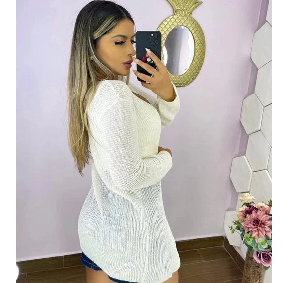 Cardigan Kimono Trico leve e fresco vazadinho para meia estação Feminino Casaco cardigã Manga Longa Alongado Simples Glamour