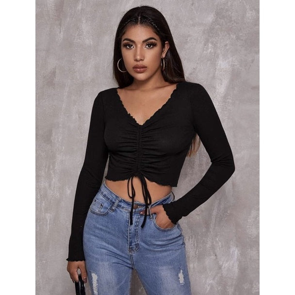 Cropped Feminino Drapeado Gringa Manga Longa