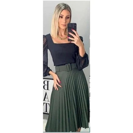 Saia Midi Plissada Feminina