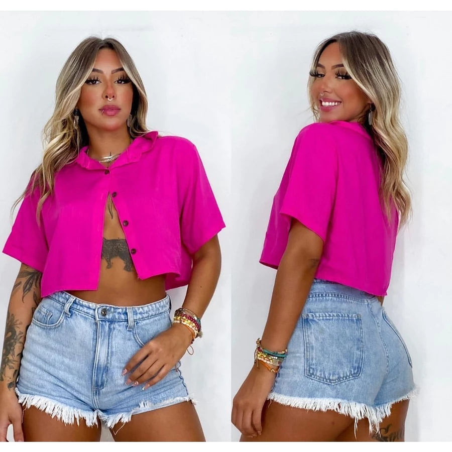 Cropped Camisa Social Botões Em Duna verão