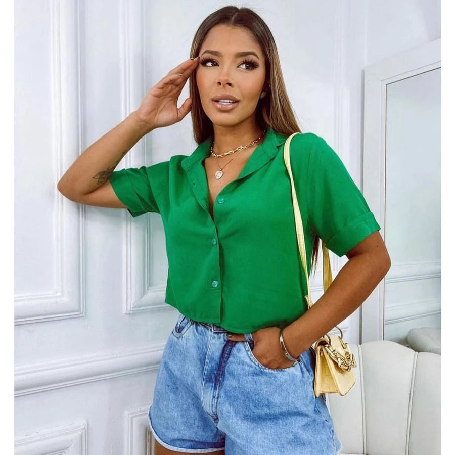 Cropped Camisa Social Botões Em Duna verão