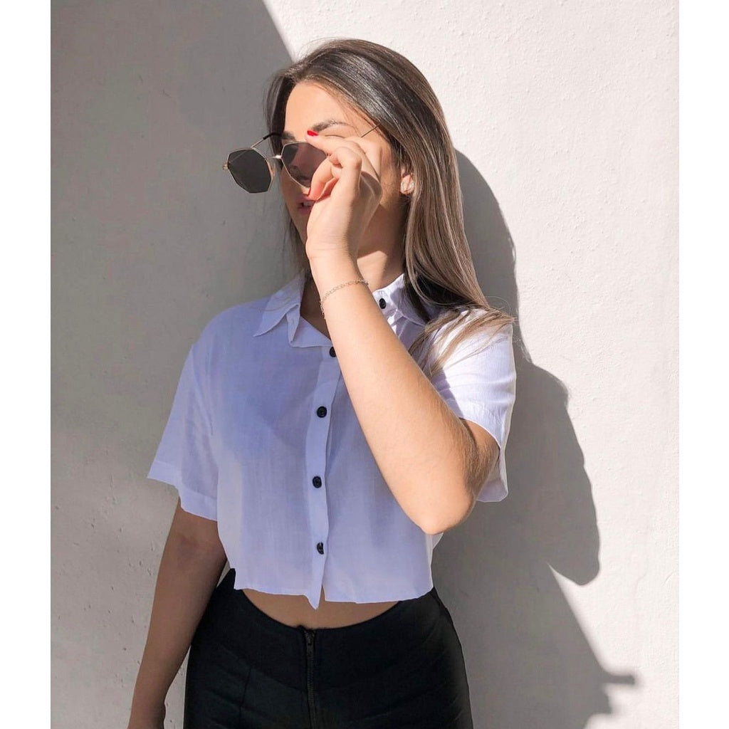 Cropped Camisa Social Botões Em Duna verão