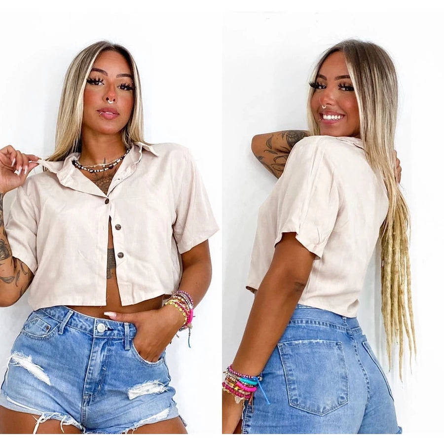Cropped Camisa Social Botões Em Duna verão