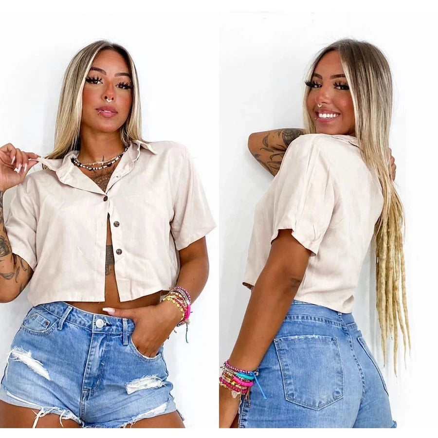 Cropped Camisa Social Botões Em Duna verão Simples Glamour