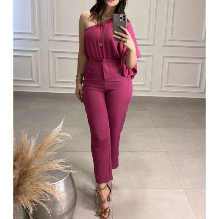 Body Um Ombro Só Mula Manca com Manga Ampla alfaiataria Simples Glamour