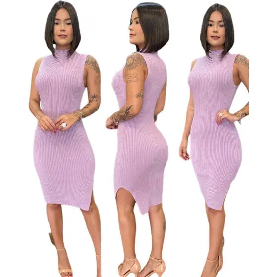 Vestido Feminino Midi Com Fenda Lateral - Malha Canelada Simples Glamour