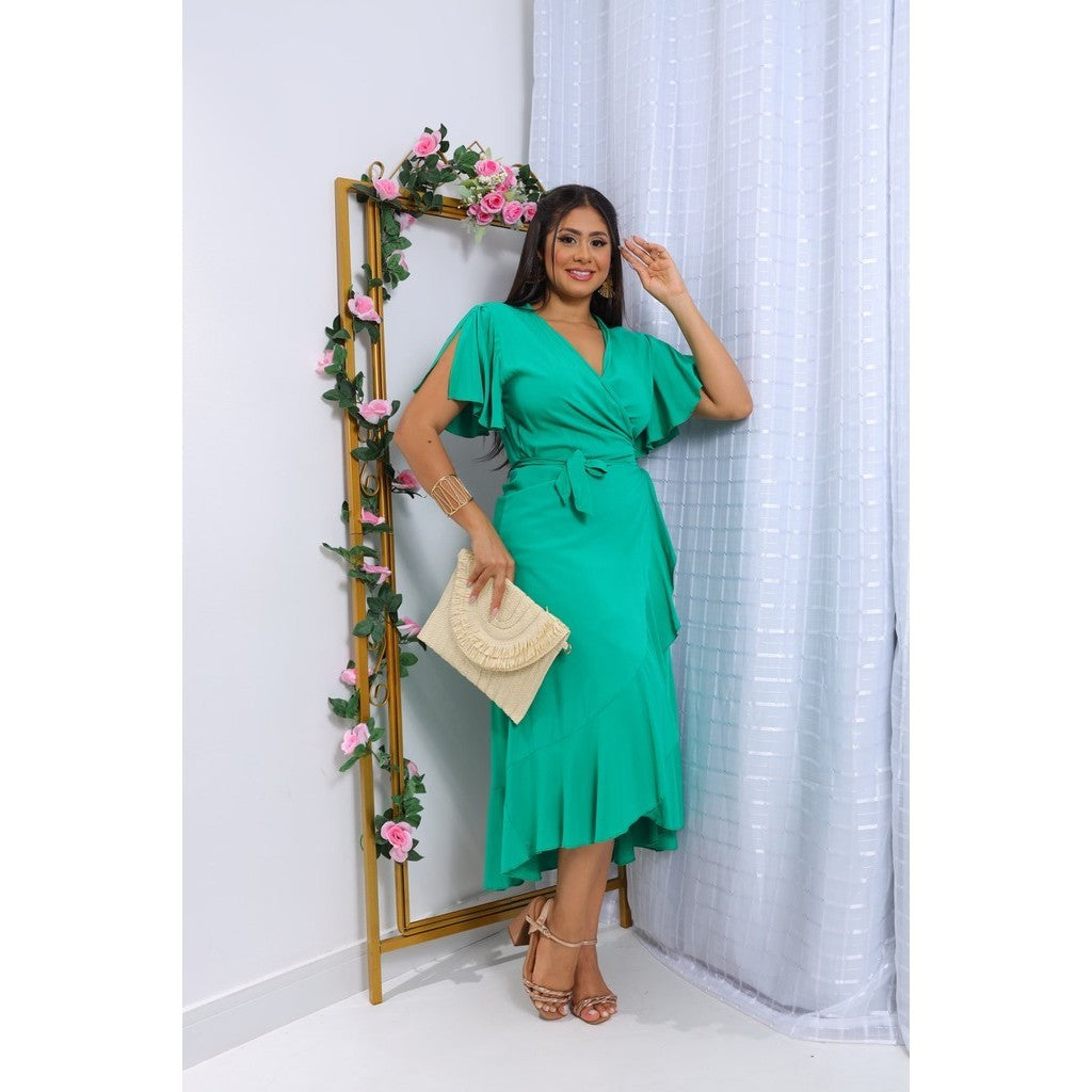 VESTIDO ENVELOPE LONGO VISCOLINHO LISO MANGA CURTO