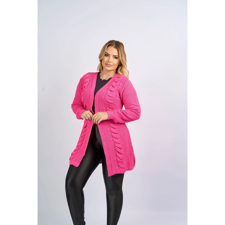 Casaco cardigan Aberto Manga Longa tranças Tricô Inverno