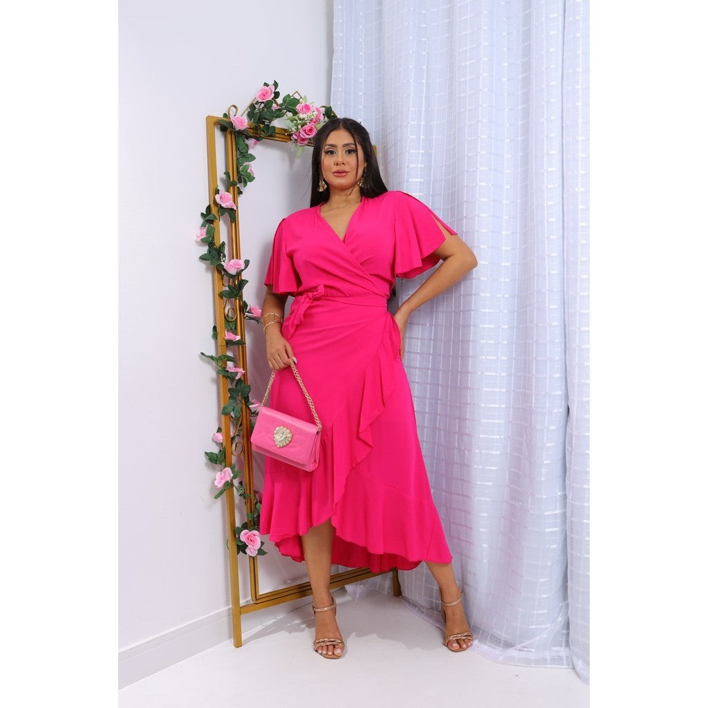 VESTIDO ENVELOPE LONGO VISCOLINHO LISO MANGA CURTO