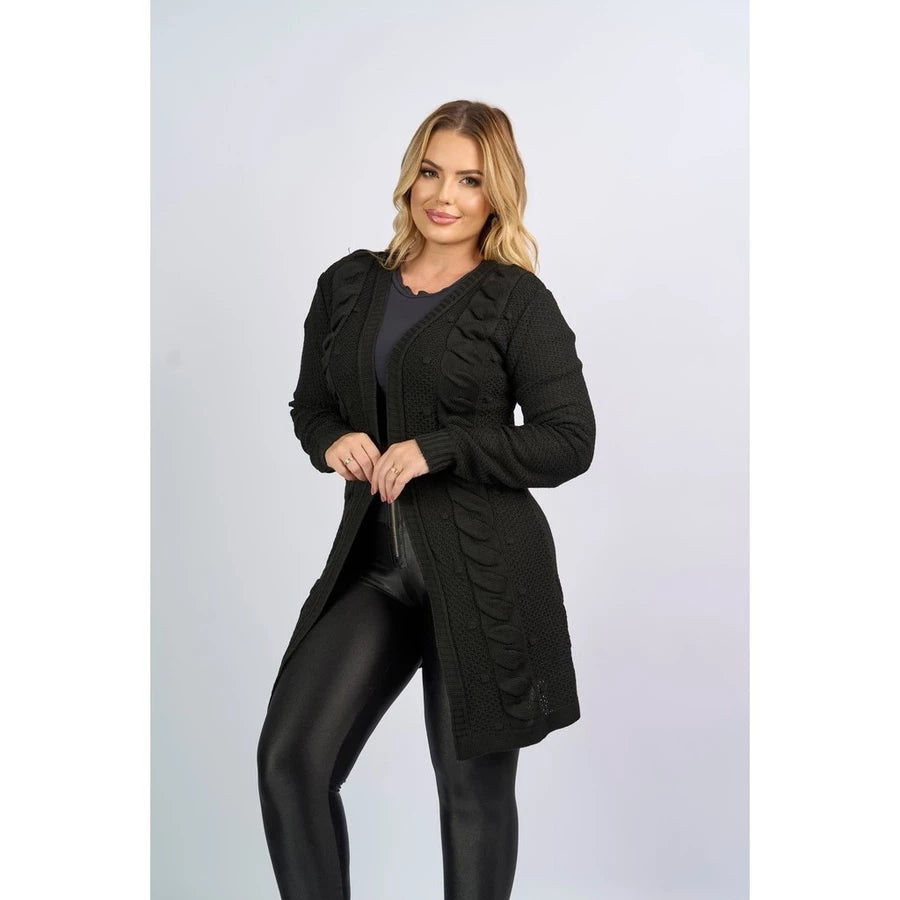 Casaco cardigan Aberto Manga Longa tranças Tricô Inverno