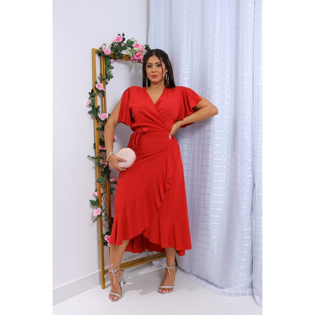 VESTIDO ENVELOPE LONGO VISCOLINHO LISO MANGA CURTO