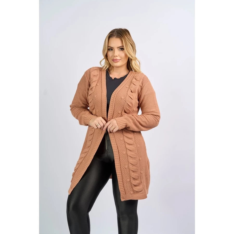 Casaco cardigan Aberto Manga Longa tranças Tricô Inverno