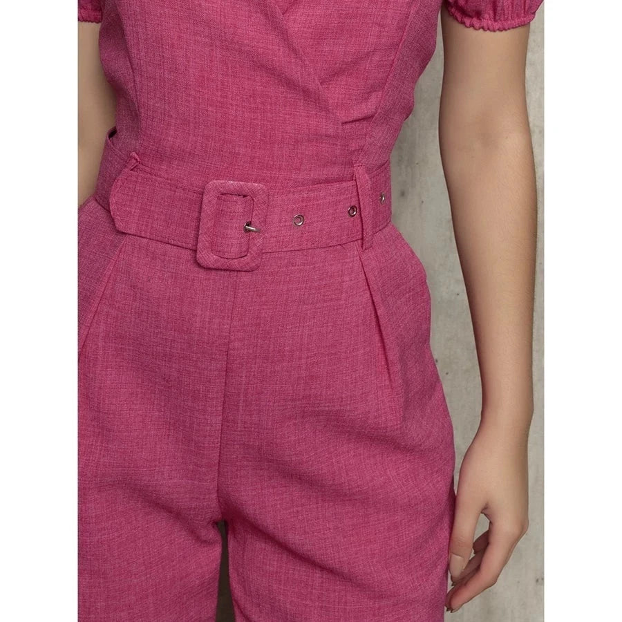 Macacão Com Cinto De Manga Bufante Simples Glamour