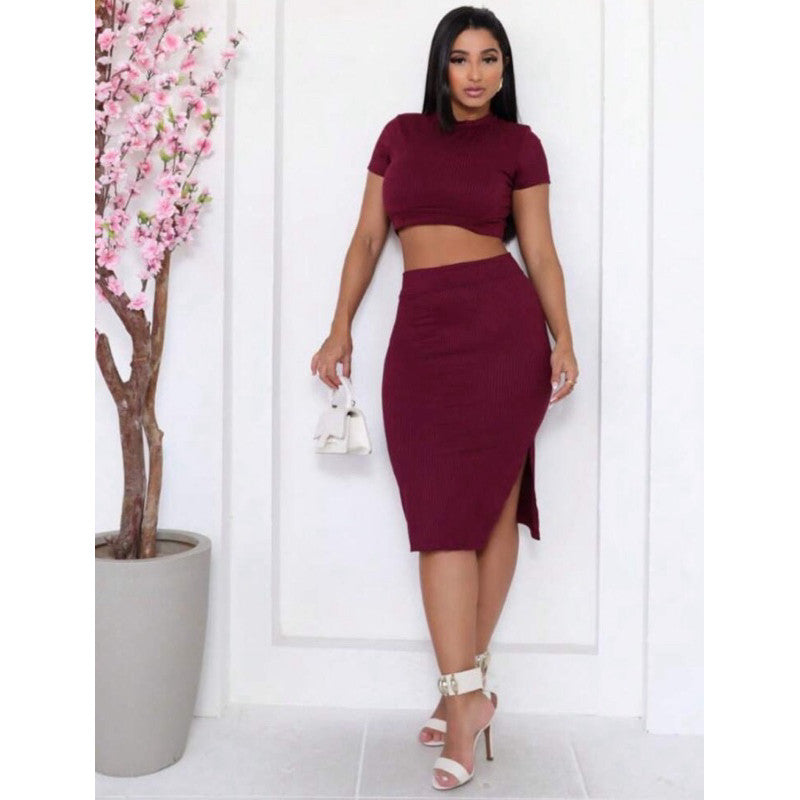 Conjunto Canelado Liso Cropped Saia Feminino Midi Fenda