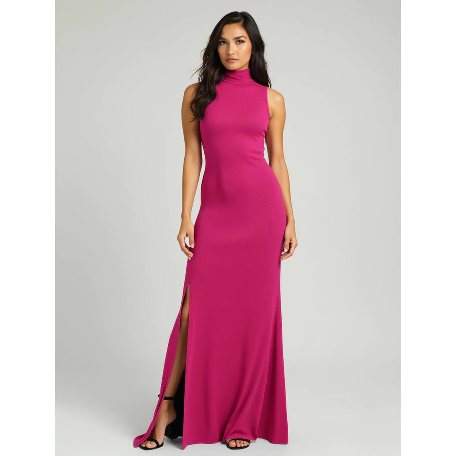 Vestido Longo com Racha e Gola Alta Feminino Canelado