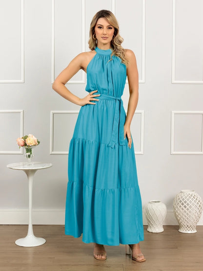 Vestido Longo Feminino Liso Gola Alta Três Marias com Cinto