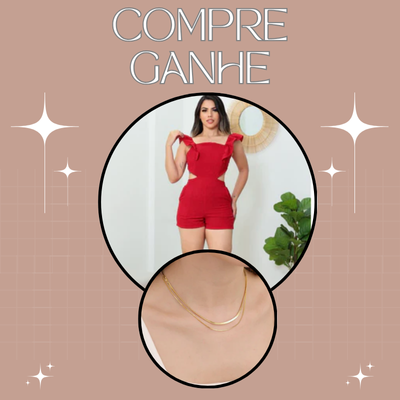 Na compra do Macaquinho Feminino Priscila, você ganha um Colar Curto Feminino Camada Dupla banhado a Ouro 18K e Prata 925.