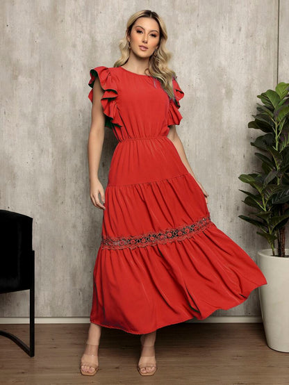 Vestido Longo Feminino Estilo Boho com Manga Esvoaçante e Babados