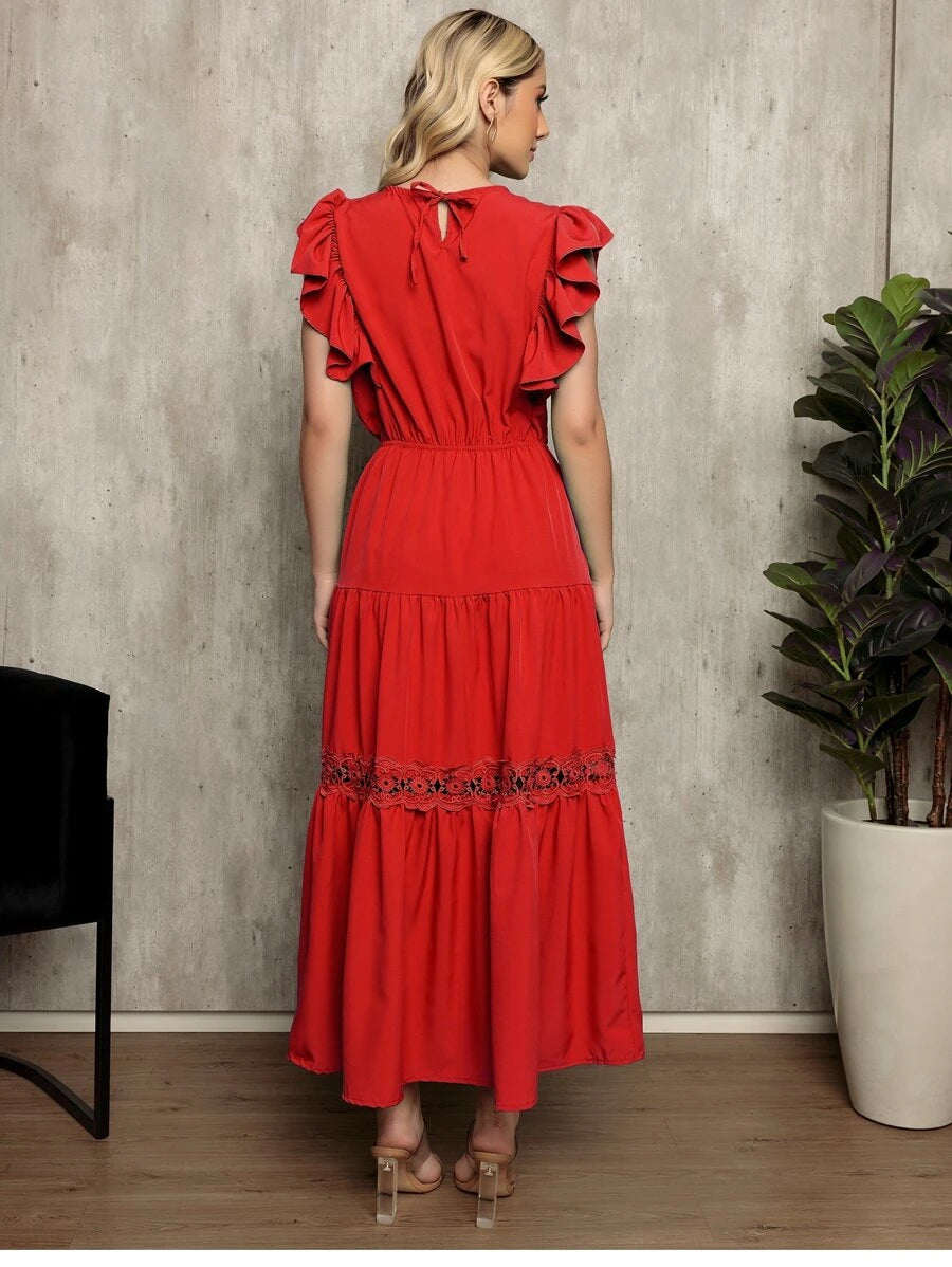 Vestido Longo Feminino Estilo Boho com Manga Esvoaçante e Babados